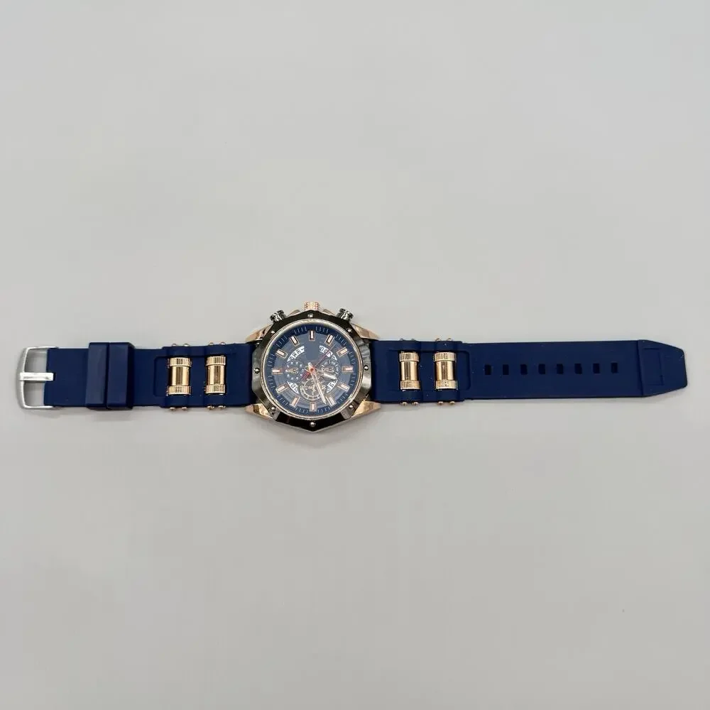 Mens Navy Blue Rose Gold Watch Silicone Strap Industrial Bolled Bezel Sport New